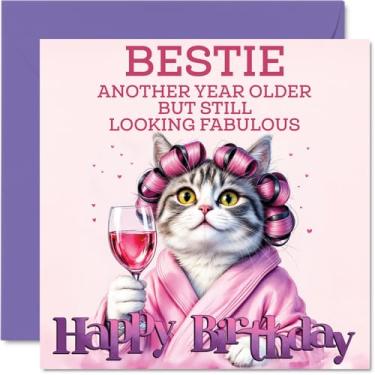 Imagem de Stuff4 Cartão de aniversário Bestie - Gato Curler - Cartão de feliz aniversário para melhor amiga da família, cartões comemorativos de aniversário de gato de 5,7 polegadas