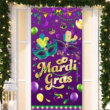 Imagem de Decoração de capa de porta Mardi Gras - Tecido grande Feliz Mardi Gras Placa de fundo para festa ao ar livre banner decoração para baile de máscaras de festa de carnaval - 188 x 90 centímetros