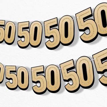 Imagem de Big Dot of Happiness Faixa de guirlanda de aniversário de 50 anos, pano de fundo de decorações de festa de aniversário preto e dourado para adultos, 7 metros de cordão, 15 números de papel de dupla