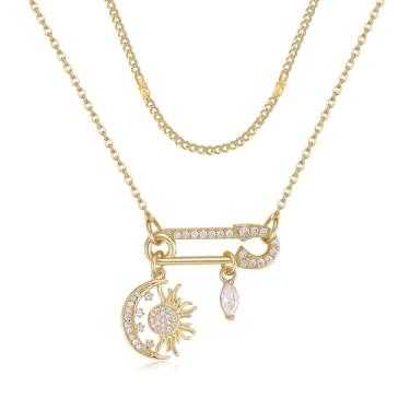 Imagem de TANTIUE Colar de clipe de papel feminino banhado a ouro 14 K com pingente de clipe de papel de zircônia cúbica girassol/cruz/sol/lua/gotas de água com corrente em camadas, joias presentes para ela