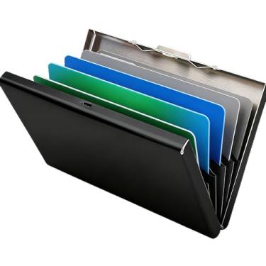 Imagem de Carteira com porta-cartões de metal para homens e mulheres, porta-cartões de crédito ultrafina de aço inoxidável com bloqueio de RFID, carteira minimalista com 6 compartimentos para bolso frontal