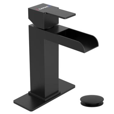 Imagem de DAYONE Torneira de pia de banheiro 1 furo, torneira de banheiro de alça única com tampa de drenagem pop-up, torneira misturadora de lavatório de aço inoxidável opcional furo único preto fosco