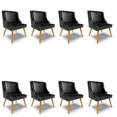 Imagem de Kit 8 Cadeiras Estofadas Para Sala De Jantar Pés Palito Lia Sintético Premium Preto - Ibiza