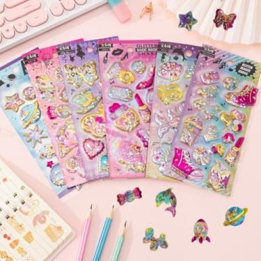 Imagem de Pacote de adesivos fofos 3D com glitter, 60+ peças, adesivos decorativos brilhantes para adolescentes, meninas, Adluts, telefone, scrapbooking, faça você mesmo, lembrancinhas de festa, folhas de
