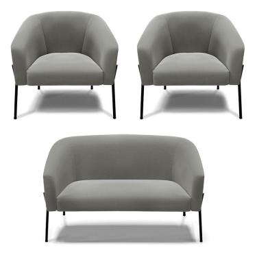 Imagem de Sofá Namoradeira E 2 Poltronas Pé De Ferro Preto Stella Suede Grafite D03 - D'rossi