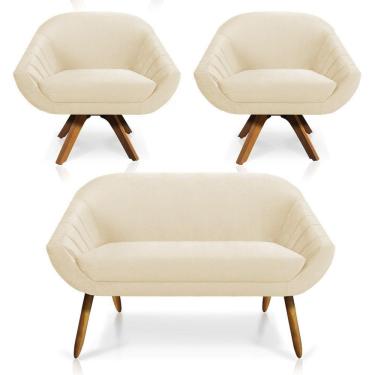 Imagem de Kit 01 Namoradeira 02 Lugares E 02 Poltronas Giratória Giovana Veludo Bege Base Madeira