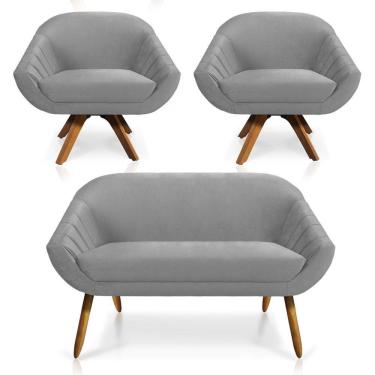 Imagem de Kit 01 Namoradeira 02 Lugares E 02 Poltronas Giratória Giovana Veludo Base Madeira Cinza