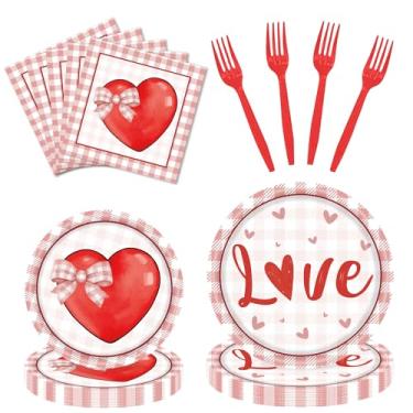 Imagem de Conjunto de pratos e guardanapos para o dia dos namorados, 96 peças, utensílios de jantar para festa dos namorados, pratos de papel de coração vermelho, decorações para festas, serve 24 convidados