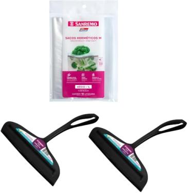 Imagem de Conjunto de 2 Rodo Plástico Multiuso Preto com Raspador 18cm + 1 Saco Abre e Fecha Hermético de 1 Litro