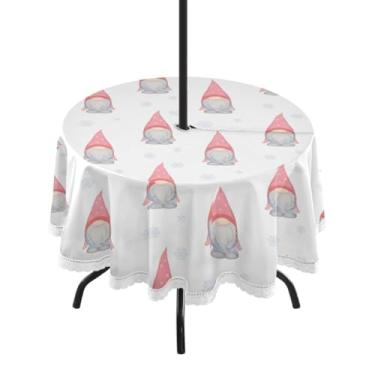 Imagem de Qilmy Chapéus de Natal Gnomos Toalha de mesa redonda impermeável de 152 cm com orifício para guarda-chuva e zíper – Uso externo / interno resistente para pátio, churrascos, piqueniques, festas (serve