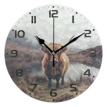 Imagem de JUZIHAI Relógio de parede Highland Cow, silencioso, redondo, sem tique-taque, operado por bateria, fácil de ler, relógio decorativo de parede para casa, cozinha, sala de estar, quarto, escritório, 25