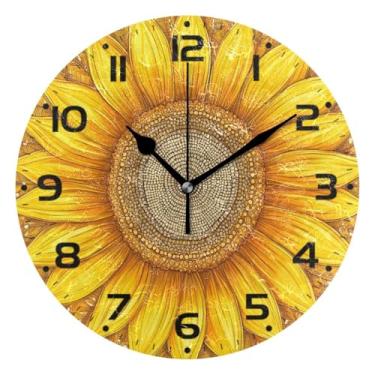 Imagem de JUZIHAI Relógio de parede com girassol amarelo, silencioso, redondo, sem tique-taque, operado por bateria, fácil de ler, relógio decorativo de parede para casa, cozinha, sala de estar, quarto