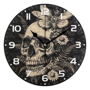 Imagem de JUZIHAI Relógio de parede de caveira silencioso, sem tique-taque, relógios de parede redondos operados por bateria, fácil de ler, relógio decorativo de parede para casa, cozinha, sala de estar, quarto