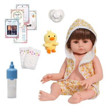 Imagem de Bebê Reborn Masculino Cabelo Castanho Roupão Patinho Pelúcia - Cegonha