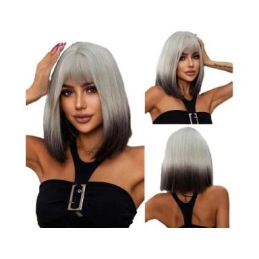 Imagem de Peruca Sintética Preta Lisa Curta Com Franja Para Mulheres, Cabelo Afr