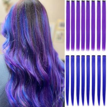 Imagem de Extensões de cabelo coloridas com clipe de 55 cm, 16 peças (8 roxas + 8 bule) - Acessórios de cabelo sintético para fantasias de Halloween, festas de Natal e decoração de aniversário