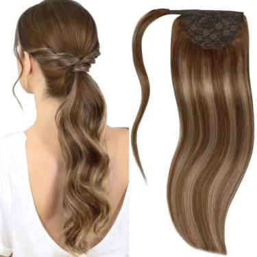 Imagem de Lacer Cabelo humano enrolado em torno de rabo de cavalo balayege chocolate marrom a castanho castanho liso extensão de rabo de cavalo cabelo humano com gravata mágica 80 G 45 cm