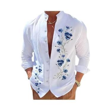 Imagem de Camisa Masculina De Manga Longa Com Estampa 3D De Flores, Moda Casual,