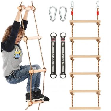 Imagem de Escada de Corda para Crianças MUXHEL Madeira 2m - Capacidade 120 kg com Ganchos de Fixação