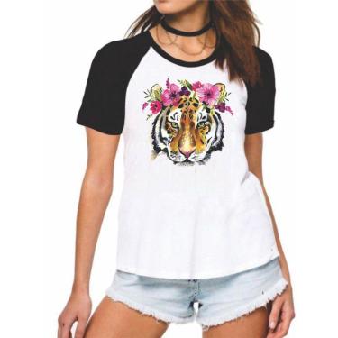 Imagem de Camiseta Baby Look Tigre Com Coroa De Flores