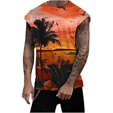 Imagem de Coletes masculinos gola redonda colete masculino treino atlético praia havaiana camiseta regata tropical verão outono 2024, C-89 Laranja queimado, 3G