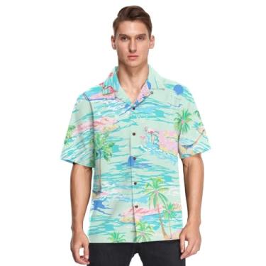 Imagem de Camisa havaiana manga curta abotoada ilha flamingo palmeira verde tropical azul elegante camisa havaiana para hombres, Flamingo Hope Island Palm Tropical Sunset, GG