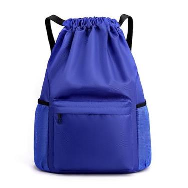 Imagem de Bolsa com cordão, mochila leve com suporte para garrafa de água e bolsos, mochila esportiva de ginástica, Azul, Large, Esportes