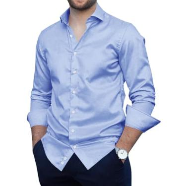Imagem de Runcati Camisa social masculina de seda abotoada manga longa slim fit business casual cetim, Azul, GG