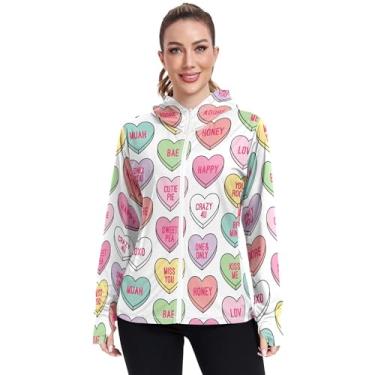 Imagem de JUNZAN Moletom feminino com capuz colorido com estampa de coração doce branco FPS 50+ com furos para polegar, camisetas de pesca, moletom feminino P, Estampa colorida de coração doce branca, GG
