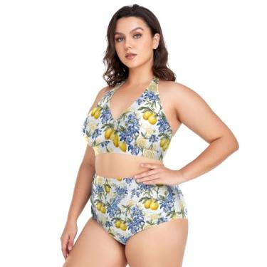 Imagem de CHIFIGNO Biquíni feminino plus size, maiô de duas peças, cintura alta, roupa de praia grande, Limões amarelos com flores azuis, G Plus Size