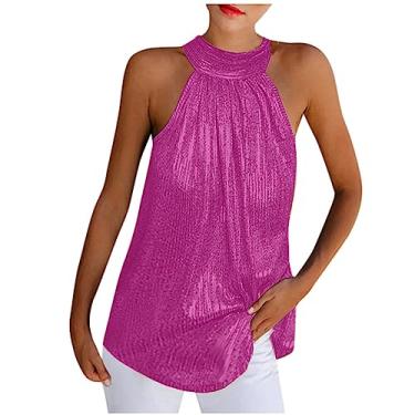Imagem de Regata feminina sexy sem mangas com lantejoulas glitter costas nuas cropped camiseta festa noite brilhante colete, Rosa choque, GG