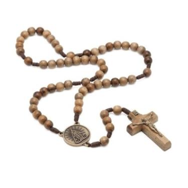 Imagem de Terço Nossa Senhora Aparecida Madeira Imbuia Entremeio Ouro Velho Contas de 10mm