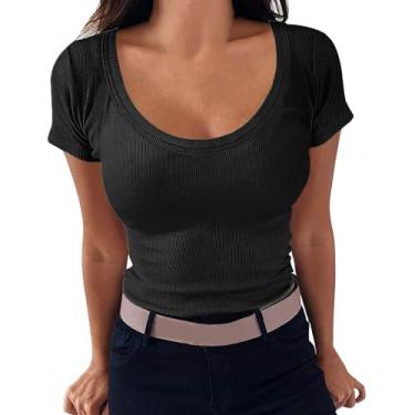 Imagem de Nagub Top feminino de verão com nervuras manga curta gola canoa espartilho slim fit camiseta Y2k roupas para sair 2024, Preto, GG
