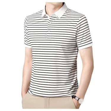 Imagem de Camisa polo masculina listrada casual elástica manga curta fresca secagem rápida solta camiseta de tênis, Branco, XXG