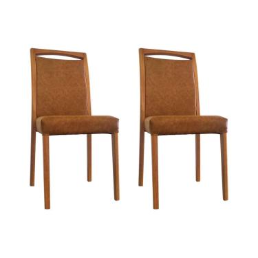 Imagem de Kit 2 Cadeiras De Jantar Luxo Estofadas Jade Couro Caramelo Base Madeira Maciça 