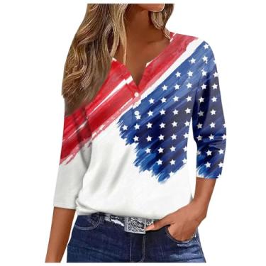 Imagem de Camiseta feminina com bandeira dos EUA, manga 3/4, gola V, botões, blusas, 4 de julho, Memorial Day, Vermelho, 3G