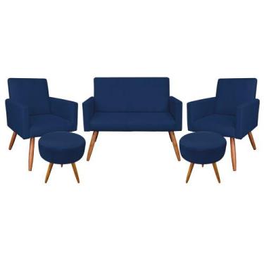 Imagem de Kit Namoradeira 2 Poltronas e 2 Puffs Redondo Nina Suede Azul Marinho 