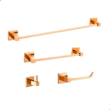 Imagem de SOFTINOX Kit Acessórios para Banheiro Luxo Quadratti Dourado 4 Peças Porta Toalha Banho e Rosto Porta Papel Higiênico Cabide