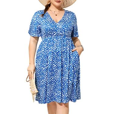 Imagem de KOJOOIN Vestido plus size feminino plus size casual com estampa floral, manga curta, gola V, vestido com babados, Azul e branco*kj, 5G