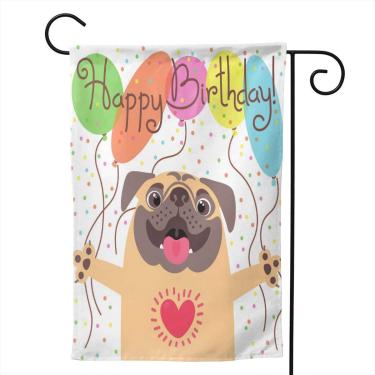 Imagem de Yishow Animals Bandeira de jardim de cachorro feliz aniversário cachorro com dois lados verticais Pug Llama Hippo Happy Birthday House Bandeiras Quintal Placas Decoração para ambientes externos 31,75 x 45,72 cm
