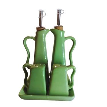 Imagem de Galheteiro de Cerâmica Conjunto com 5 Peças para Azeite, Vinagre, Sal e Pimenta com Suporte, Design Sofisticado, Resistente, Fácil de Limpar e Perfeito para Ocasiões Especiais (Verde)