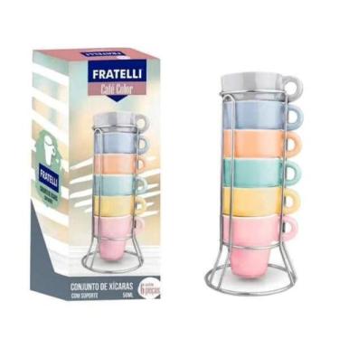 Imagem de Jogo Com 6 Xícaras Coloridas Cada Com Suporte Em Inox - Fratelli
