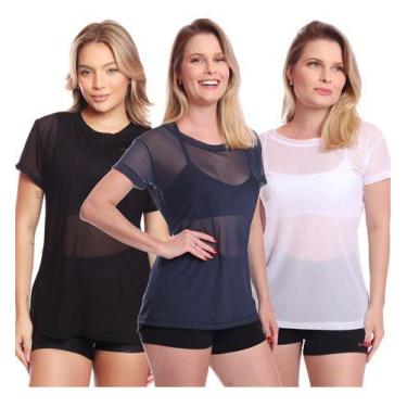 Imagem de Kit 3 Blusas Manga Curta Tule Transparente Fitness Academia - MC Digit