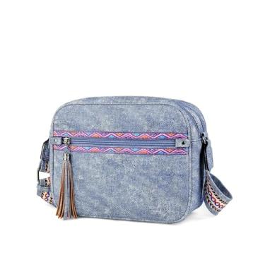 Imagem de FADEON Bolsas transversais para mulheres designer senhora bolsa transversal bolsa de ombro de couro PU alça larga borla, Jeans azul