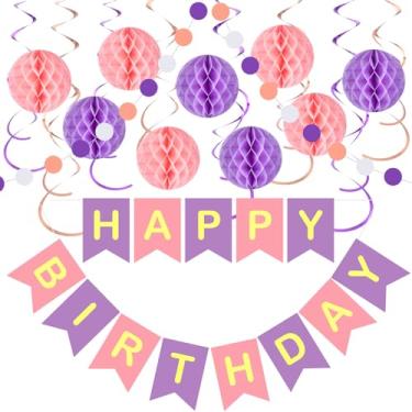 Imagem de Decorações de festa de aniversário rosa roxa, 19 peças, faixa roxa de feliz aniversário, bolas de colmeia penduradas, círculo, guirlanda de bolinhas para mulheres, meninas, aniversário, chá de bebê,