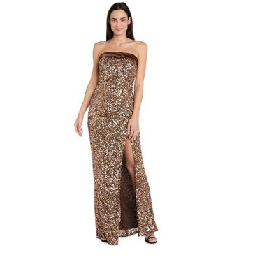 Imagem de MORGAN AND CO. Vestido longo tomara que caia de cetim com lantejoulas e fenda alta, Mocha, 11