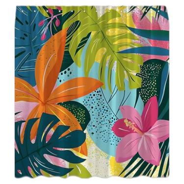 Imagem de Cortina de chuveiro de flores tropicais Havaí folha de palmeira verde folhas de bananeira planta floral boho moderna botânica selva verão cortina de banho com gancho