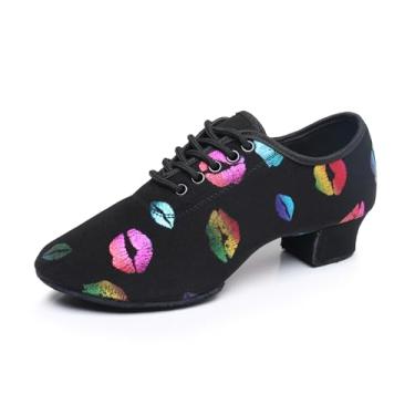 Imagem de Prodrelo Tênis de dança feminino de lona para treino de salão de baile latino salsa jazz tênis de dança profissional, salto baixo, Salto de 3 cm - sola dividida de camurça, 6.5