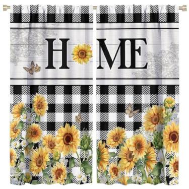 Imagem de Cortinas de girassol rústicas, decoração floral exuberante de borboleta vintage para casa de fazenda, cortinas xadrez pretas e brancas, bolso de haste blackout, tratamentos de janela para sala de