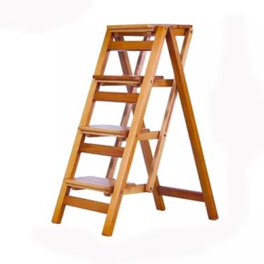 Imagem de Cadeira de escada dobrável de madeira – Prateleira de banco de bambu versátil para armazenamento e decoração – Suporte ideal para plantas de biblioteca – Economia de espaço e design dobrável, nogueira